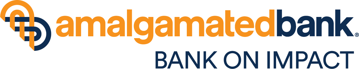 Amalgamated Bank logo with tagline Bank On Impact in orange and navy blue text on a light background, highlighting its commitment to supporters and partners.