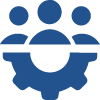 Blue icon of three people above a gear, symbolizing teamwork and collaboration in a technical setting at the Center.