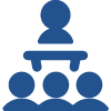 Icon of one person sitting at a desk facing three people, suggesting a meeting or presentation at the Center.