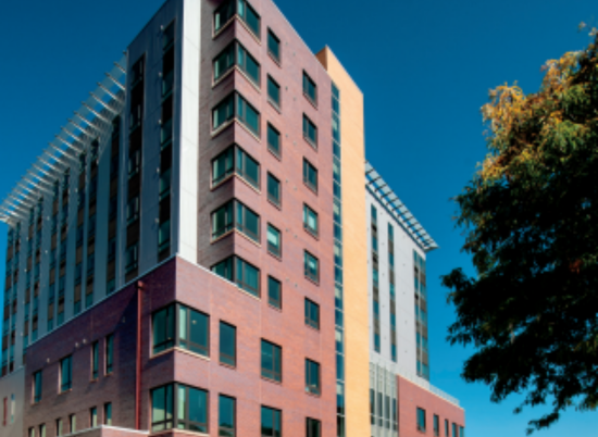 Modern multi-story brick building with large windows under a clear blue sky, next to a leafy tree—featured in the Stout Street Recuperative Care Center project profile led by John Parvensky.